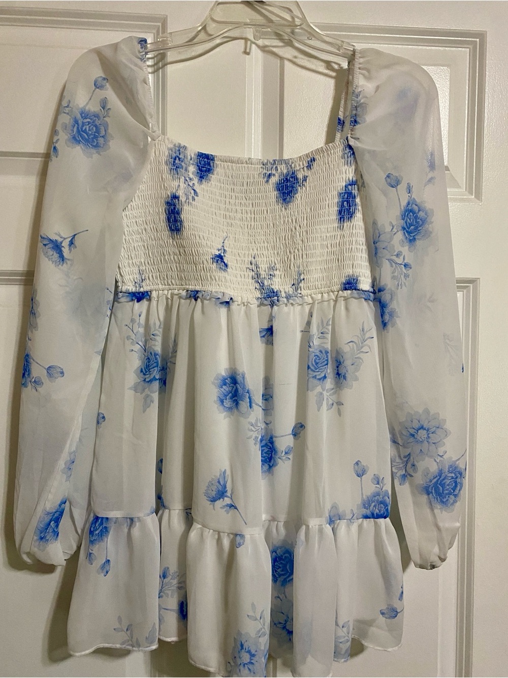 White & Blue Floral Puff Sleeve Smocked Babydoll Dress